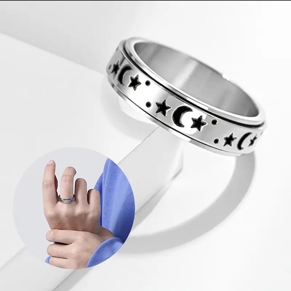 Casual Moon Star Sun Stainless Steel Rotating Fidget Band Ring, Sz 11 - Picture 2 of 6